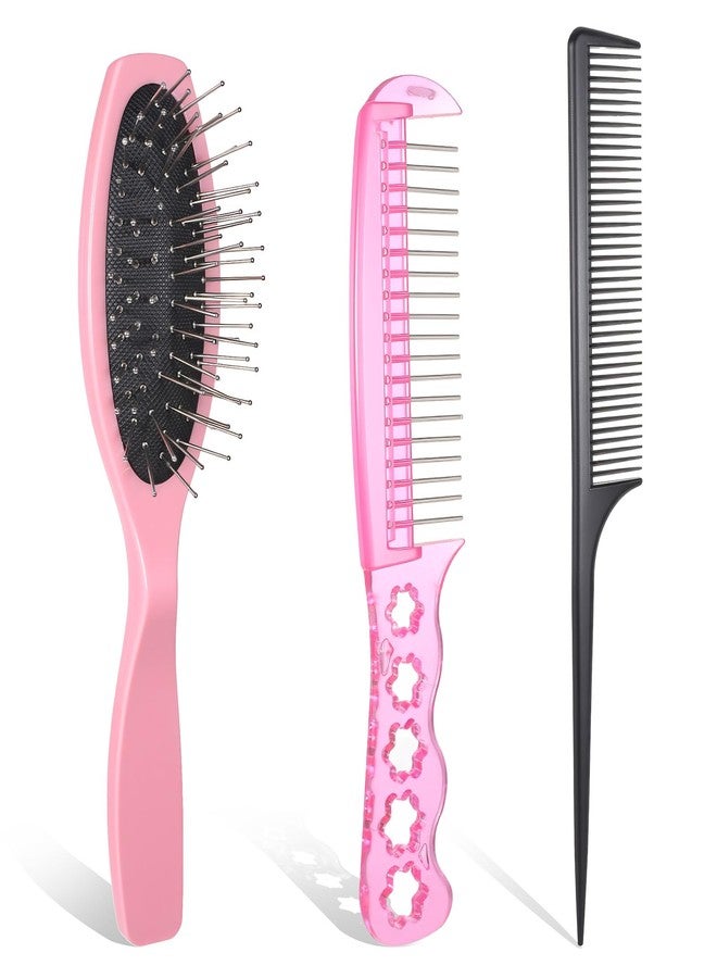 Exircy 3 Pcs Wig Brush Set Bristle Wig Brushes Stainless Steel Wire Detangling Brush Pointed Tail Comb for Synthetic Portable Hair Wigs for 18 Inch Dolls and Care Accessories Extensions (Pink, Black) - Image 1